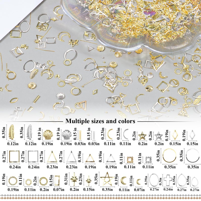 editTime 5 Boxes Gold & Silver Metal Nail 3D Punk Studs Star Moon Heart Triangle Square Rivet Gems Nail Art Jewels with a Curved Tweezers and a Nail Brush and a Wax Pen Picker (3-Gold & Silver) - Image 4